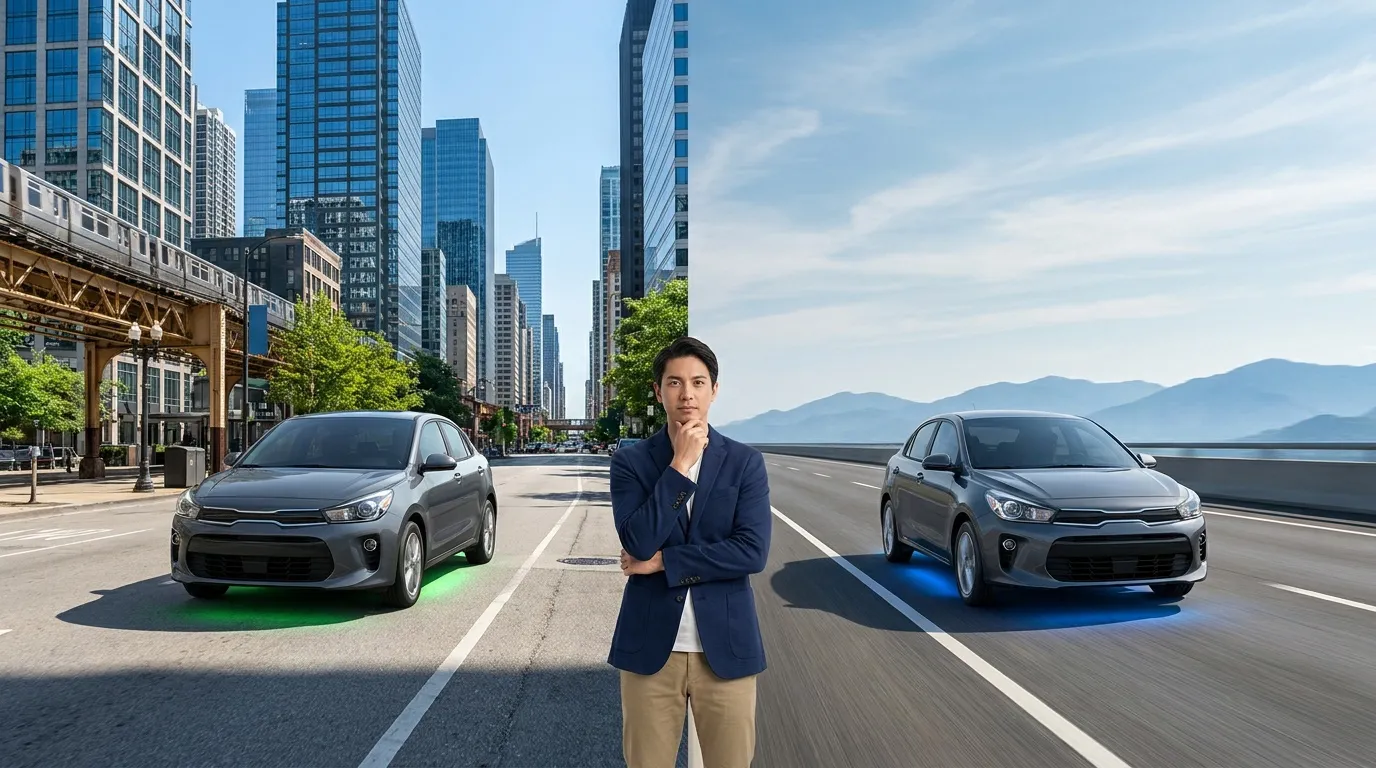Homme réfléchissant face à un choix : voiture essence en ville (lumière verte) vs voiture diesel sur route de montagne (lumière bleue).