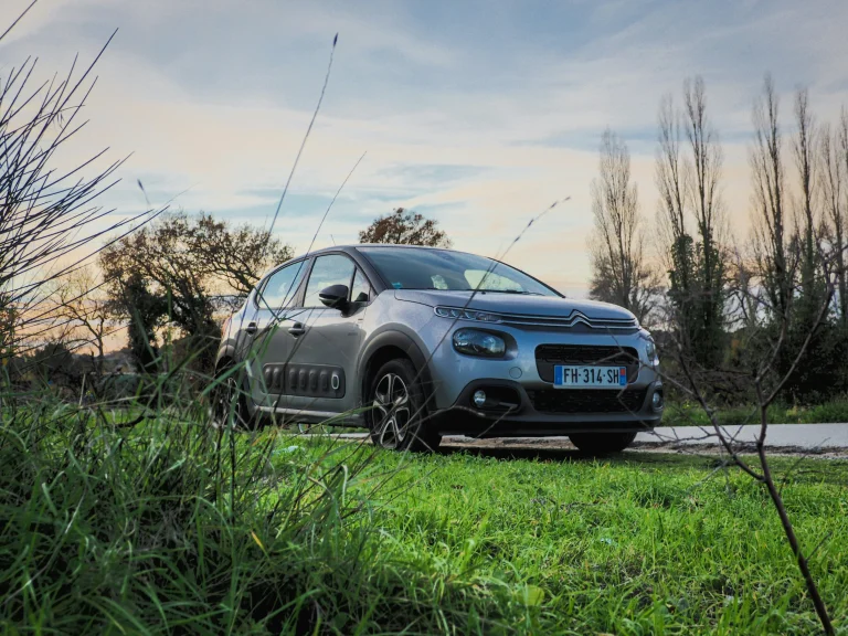 Citroën C3 grise garée dans la nature représentant le marché des pièces détachées en Europe