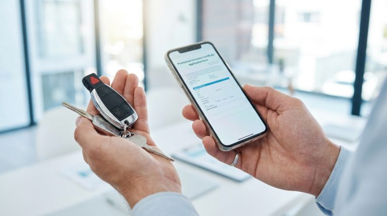 Personne tenant des clés de voiture et un smartphone affichant un formulaire d'assurance provisoire.