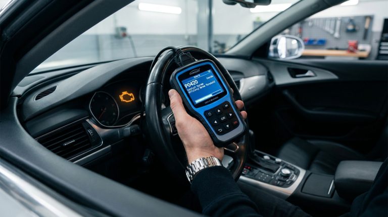 Une main tient un scanner OBDII affichant le code défaut P0420 à l'intérieur d'un véhicule avec le voyant moteur allumé.