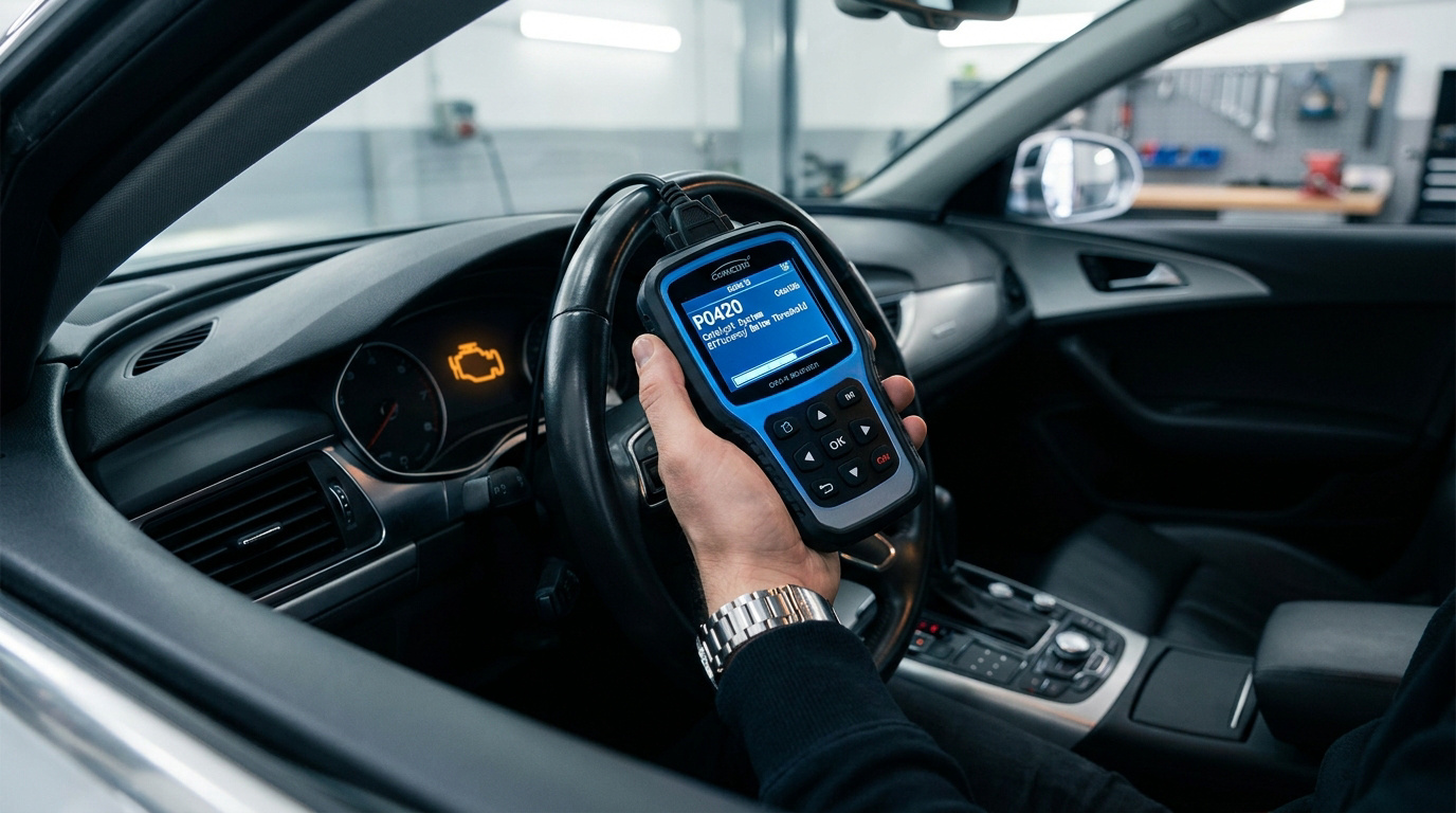 Une main tient un scanner OBDII affichant le code défaut P0420 à l'intérieur d'un véhicule avec le voyant moteur allumé.