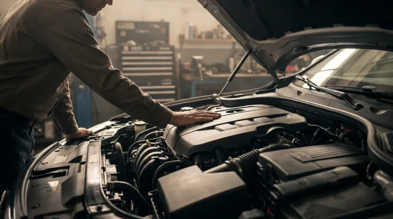 Un mécanicien examine un moteur de voiture ouvert, sa main posée sur le couvercle, dans un garage automobile.