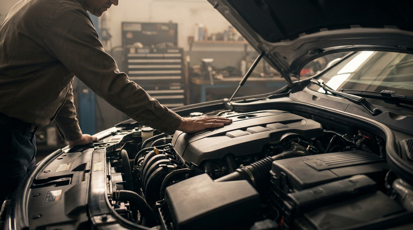 Un mécanicien examine un moteur de voiture ouvert, sa main posée sur le couvercle, dans un garage automobile.