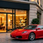 Ferrari d'occasion rouge garée devant une concession de luxe