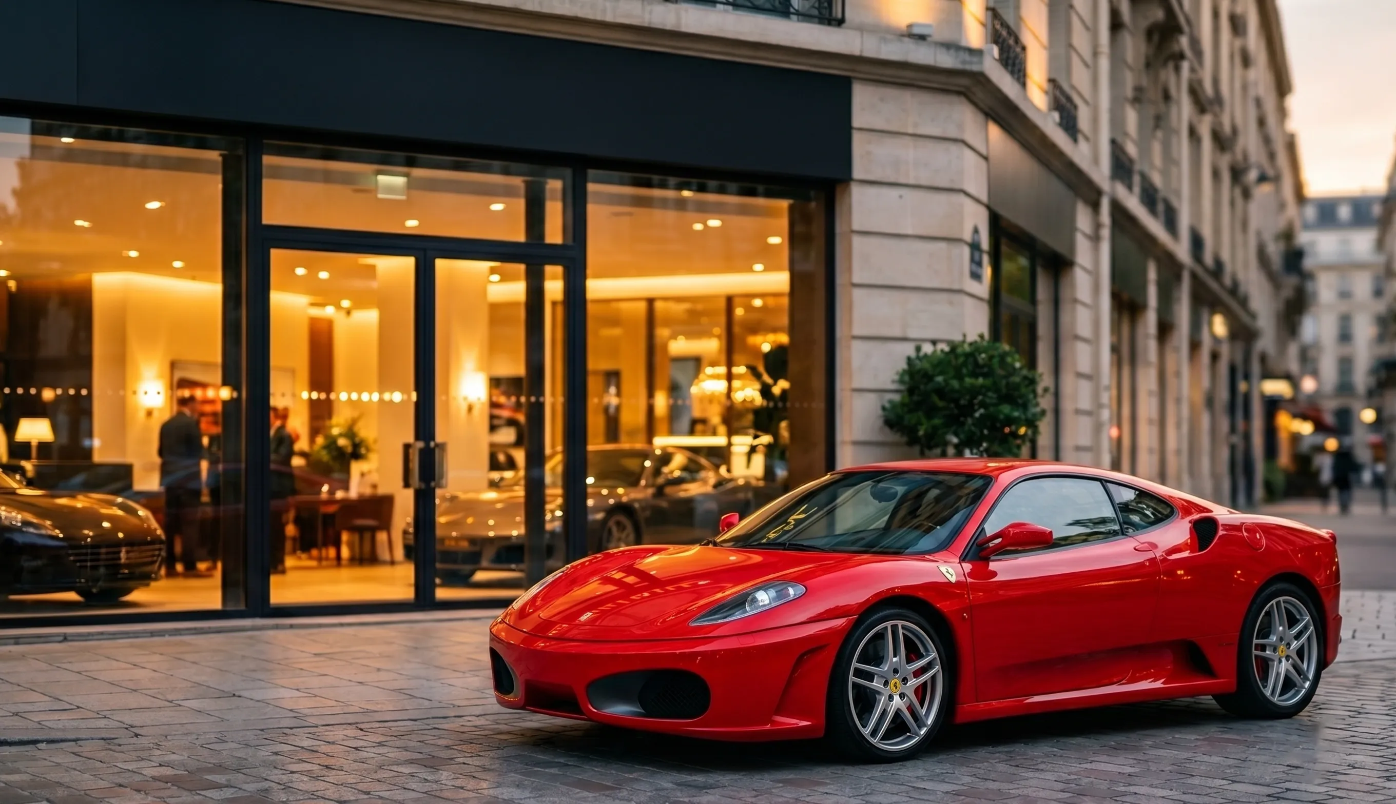 Ferrari d'occasion rouge garée devant une concession de luxe