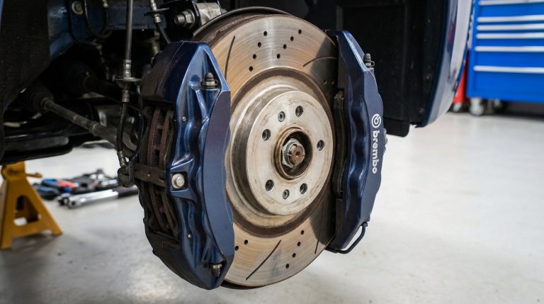 Gros plan sur un disque de frein perforé avec un étrier bleu Brembo dans un atelier automobile.
