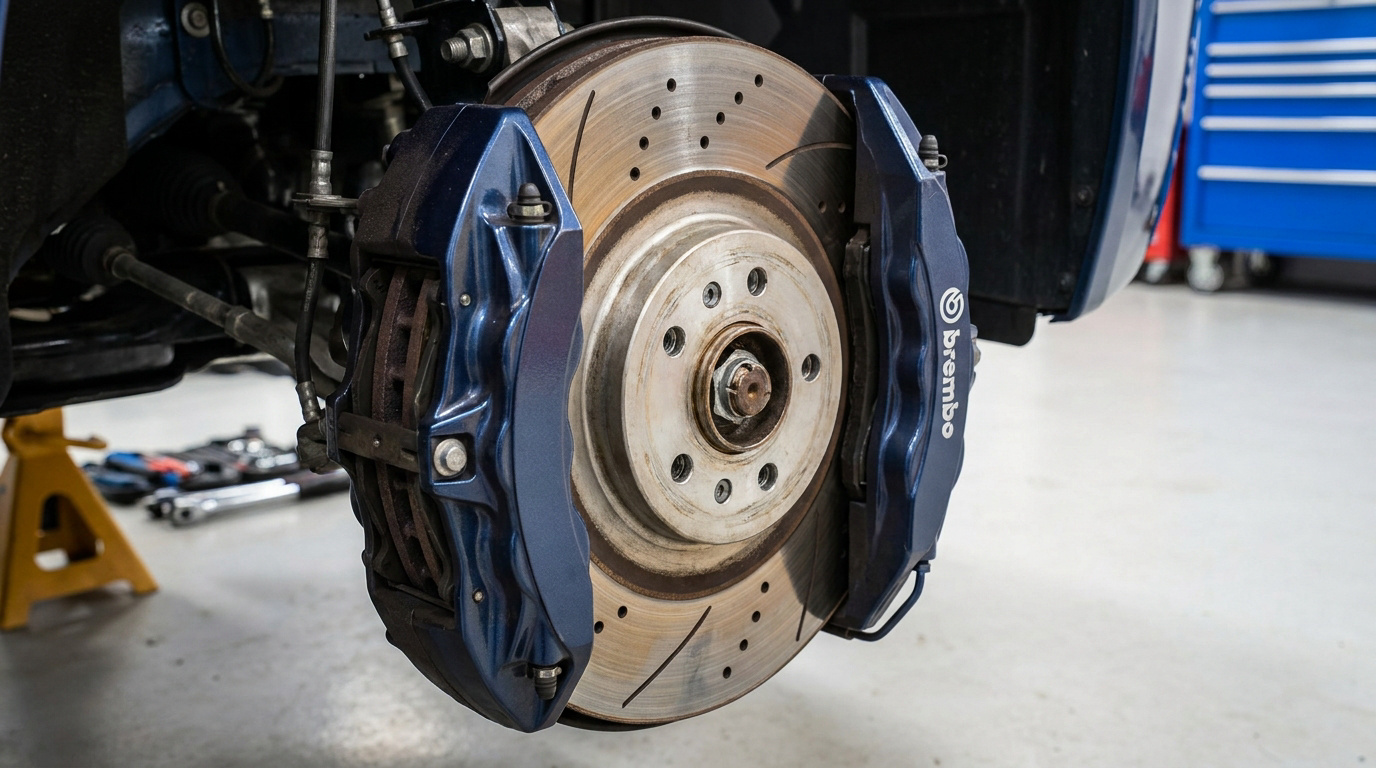 Gros plan sur un disque de frein perforé avec un étrier bleu Brembo dans un atelier automobile.