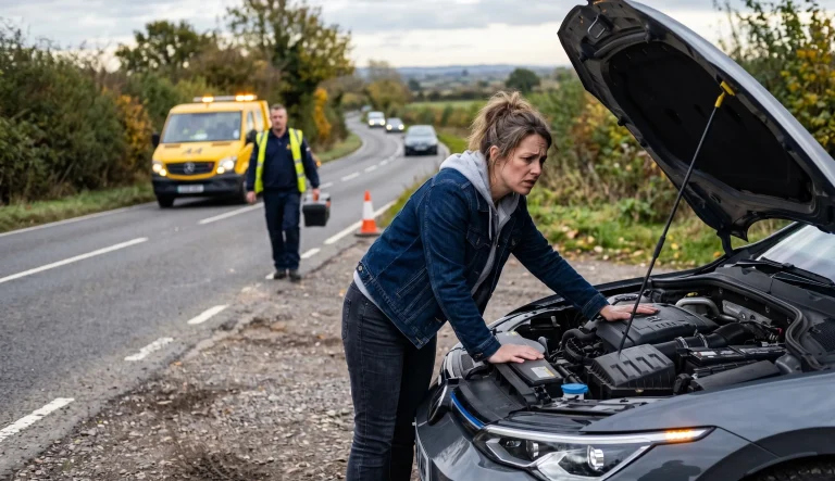 Voiture en panne avec conducteur inquiet illustrant la garantie panne mécanique