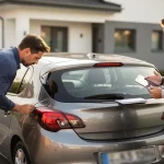 Expert et propriétaire inspectant une Opel Corsa grise pour choisir les garanties d'assurance adaptées