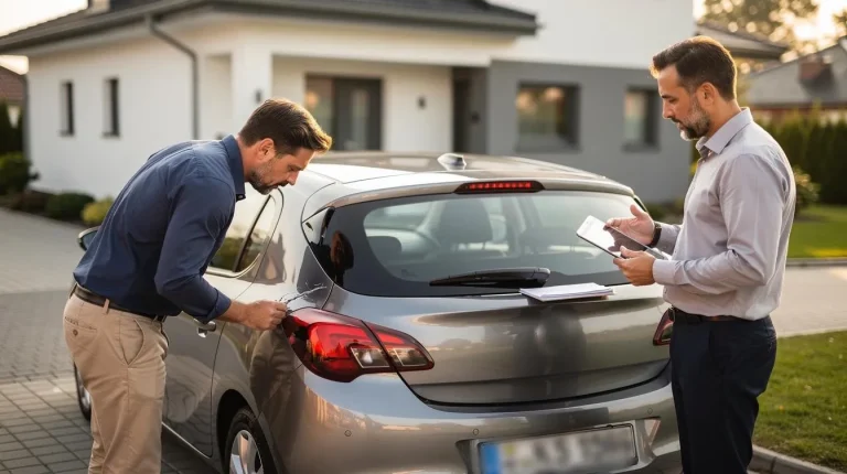 Expert et propriétaire inspectant une Opel Corsa grise pour choisir les garanties d'assurance adaptées
