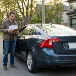 Homme inspectant les dégâts sur l'aile arrière de sa voiture accidentée avec des documents en main.
