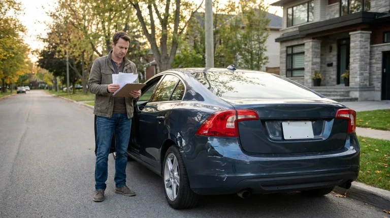 Homme inspectant les dégâts sur l'aile arrière de sa voiture accidentée avec des documents en main.