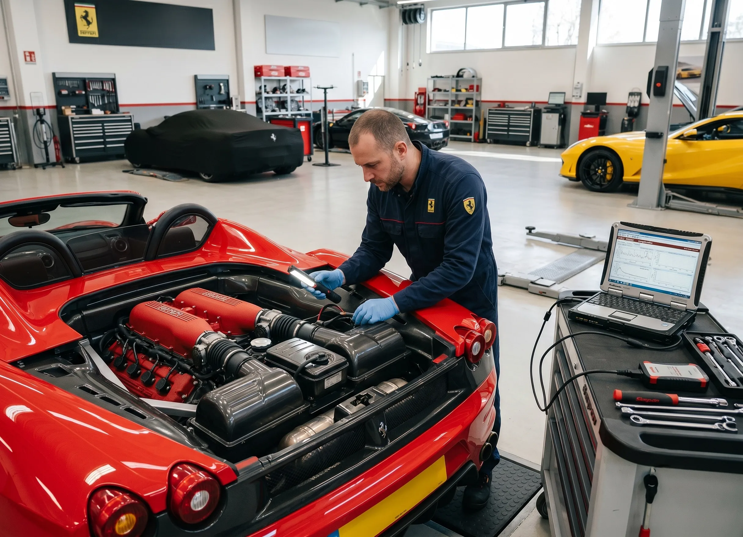 Mécanicien spécialiste Ferrari inspectant le moteur d'une Ferrari F430 d'occasion