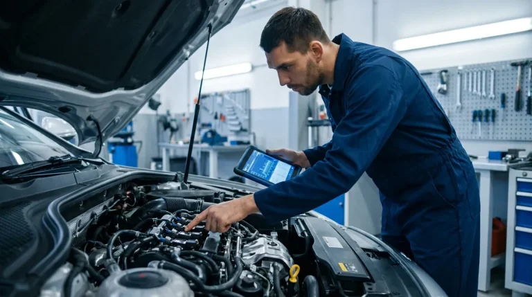 Un mécanicien analyse un moteur de voiture avec une tablette de diagnostic dans un atelier professionnel.