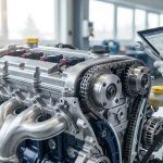 Un mécanicien utilise une tablette de diagnostic et une clé sur un moteur automobile exposé, illustrant l'entretien moderne.