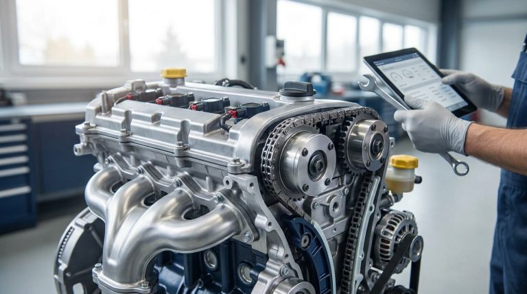 Un mécanicien utilise une tablette de diagnostic et une clé sur un moteur automobile exposé, illustrant l'entretien moderne.