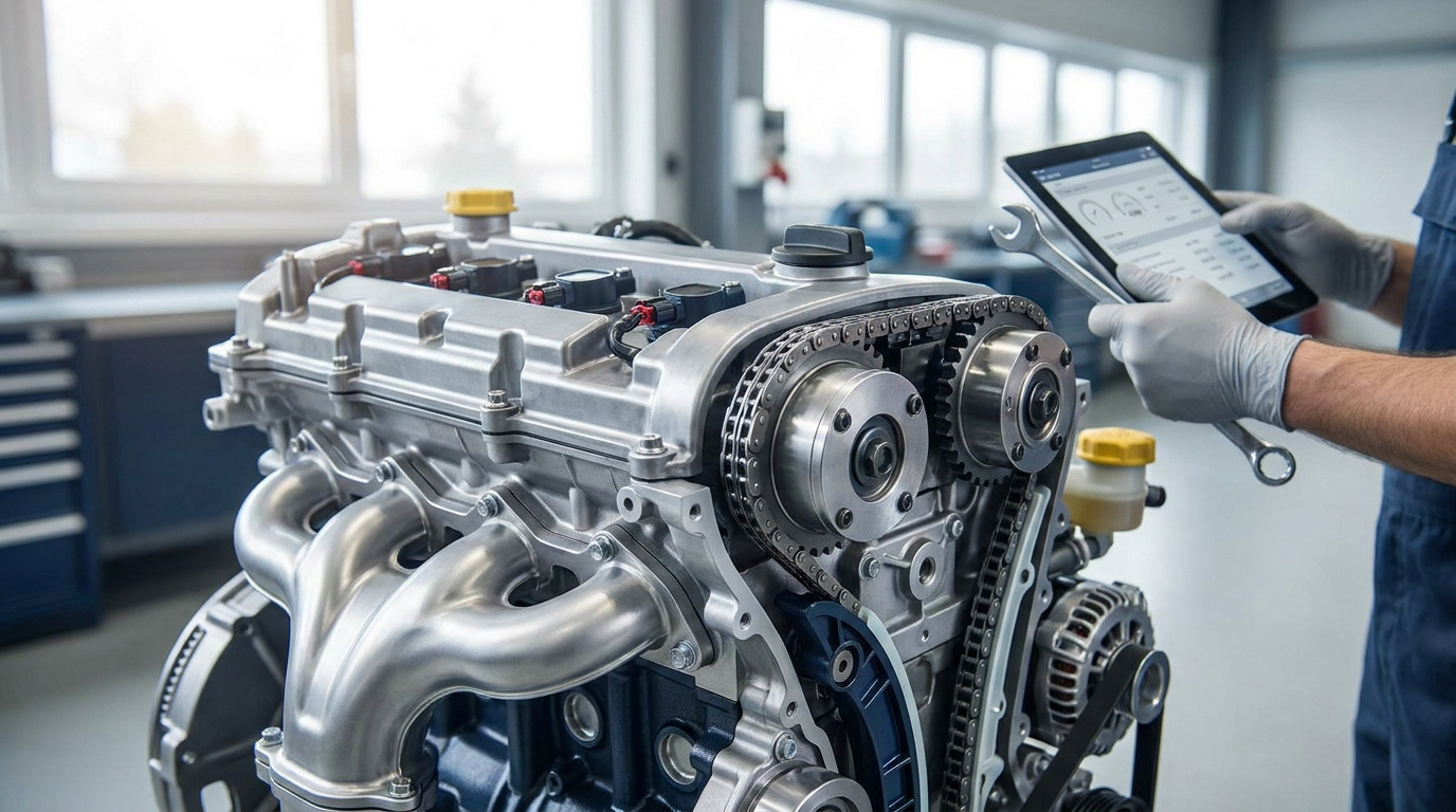 Un mécanicien utilise une tablette de diagnostic et une clé sur un moteur automobile exposé, illustrant l'entretien moderne.