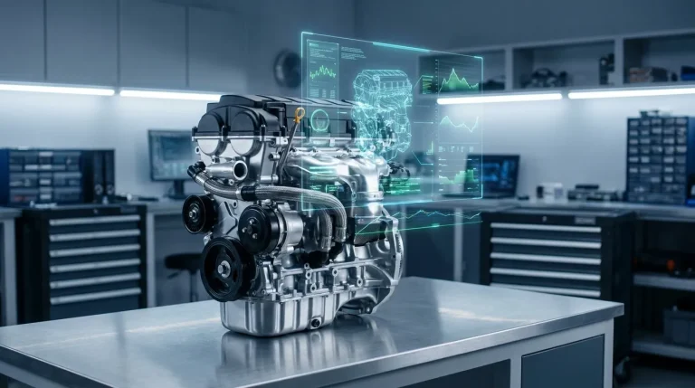 Un moteur automobile posé sur une table de laboratoire avec une interface holographique affichant des données techniques.