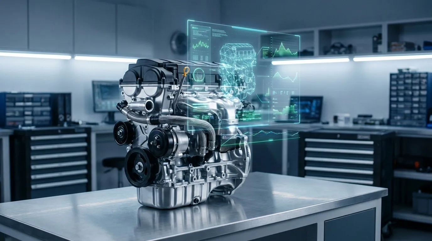 Un moteur automobile posé sur une table de laboratoire avec une interface holographique affichant des données techniques.