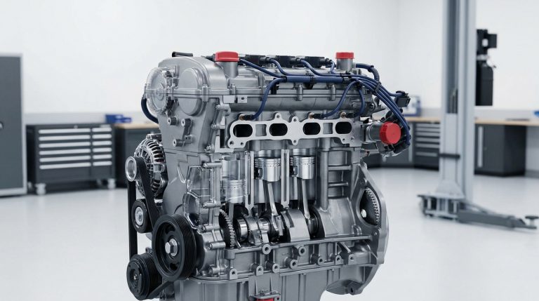 Moteur essence en coupe montrant les pistons, le vilebrequin et d'autres composants internes dans un atelier moderne.