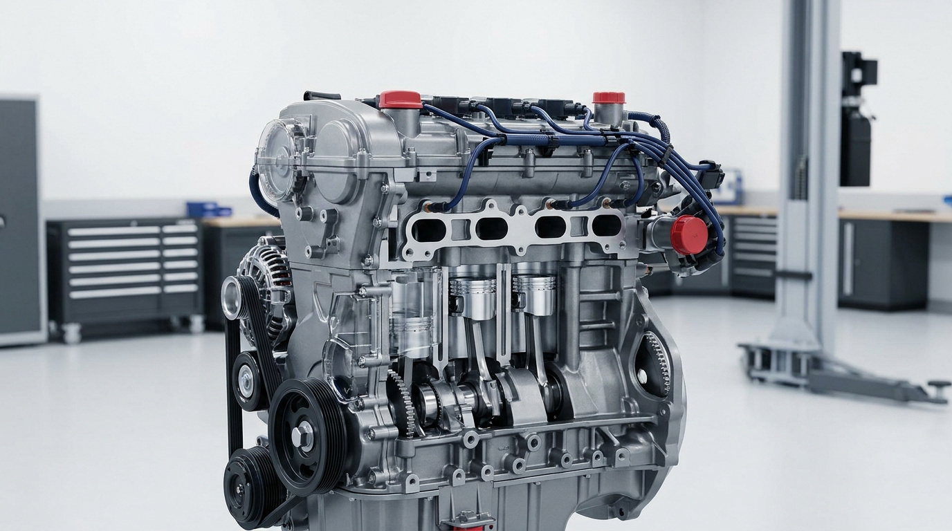 Moteur essence en coupe montrant les pistons, le vilebrequin et d'autres composants internes dans un atelier moderne.