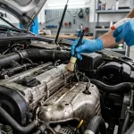 Un mécanicien nettoie un moteur de voiture sale avec une brosse et un produit dégraissant dans un atelier.