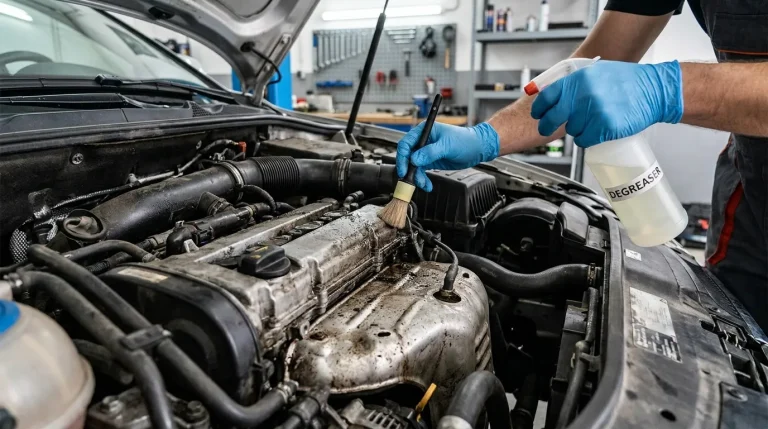 Un mécanicien nettoie un moteur de voiture sale avec une brosse et un produit dégraissant dans un atelier.