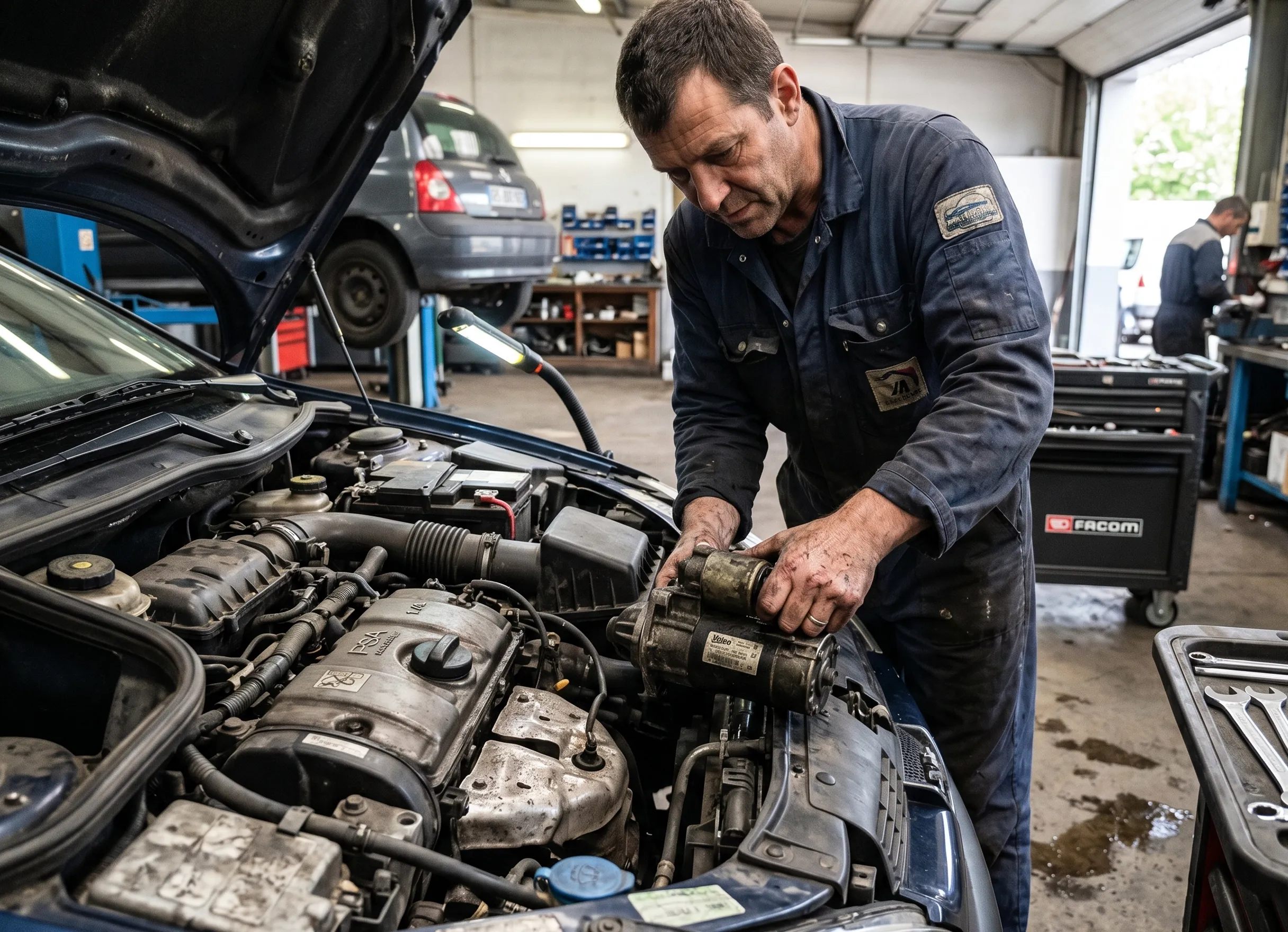 Panne démarreur voiture ne démarre pas Mécanicien retirant un démarreur défaillant d'un moteur de voiture