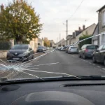 Pare-brise fissuré avec une longue fissure visible sur un véhicule