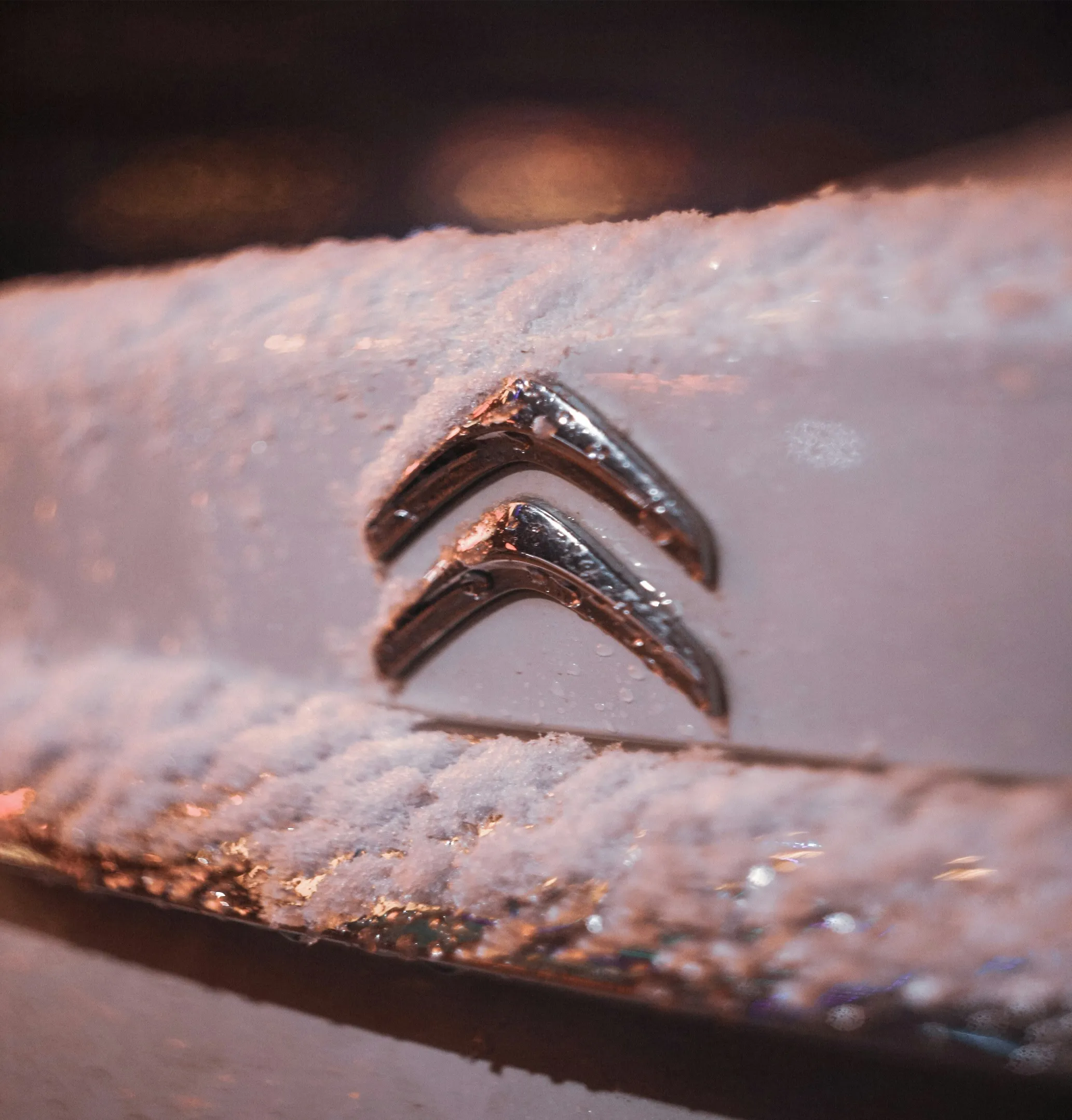 Logo Citroën sous la neige sur une pièce détachée de Citroën C3