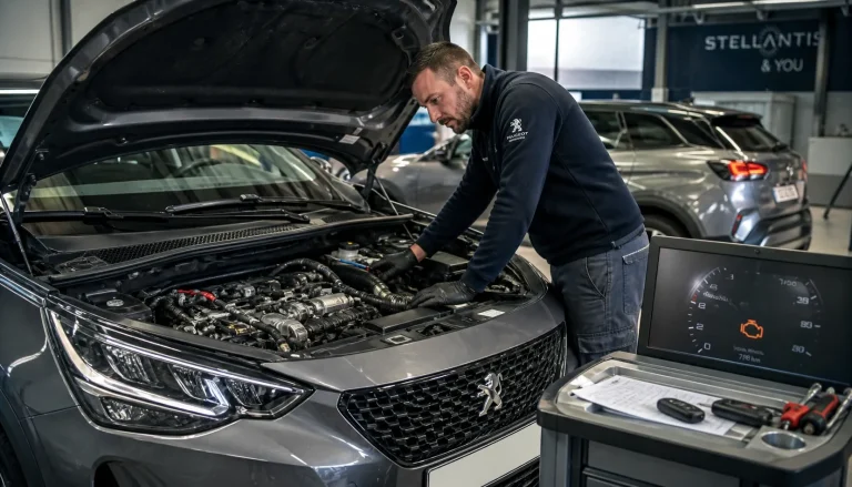 Technicien automobile inspectant le moteur d’une Peugeot en garage lors d’un rappel Stellantis BlueHDi