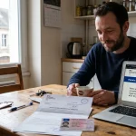 Conducteur français consultant son permis de conduire et des documents administratifs après une suspension de permis.