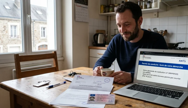 Conducteur français consultant son permis de conduire et des documents administratifs après une suspension de permis.
