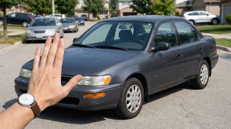 Une main tendue faisant un signe d'arrêt devant une berline grise garée dans une rue résidentielle.