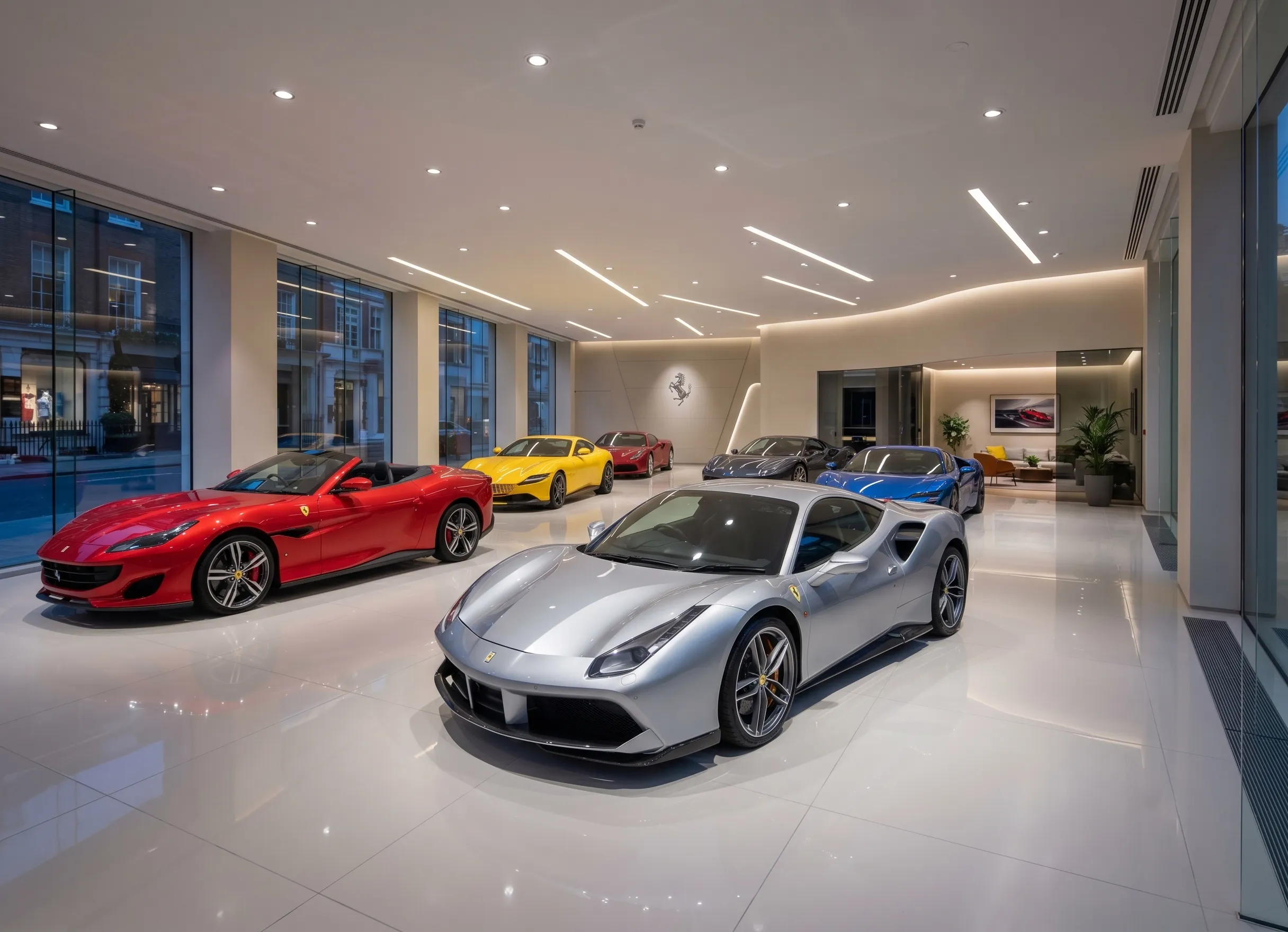 Showroom Ferrari avec plusieurs modèles d'occasion exposés dont une 488 GTB et une Portofino