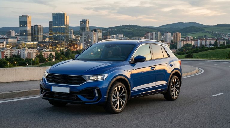 Un SUV Volkswagen T-Roc bleu est garé sur une route sinueuse avec un panorama urbain de gratte-ciel au crépuscule.
