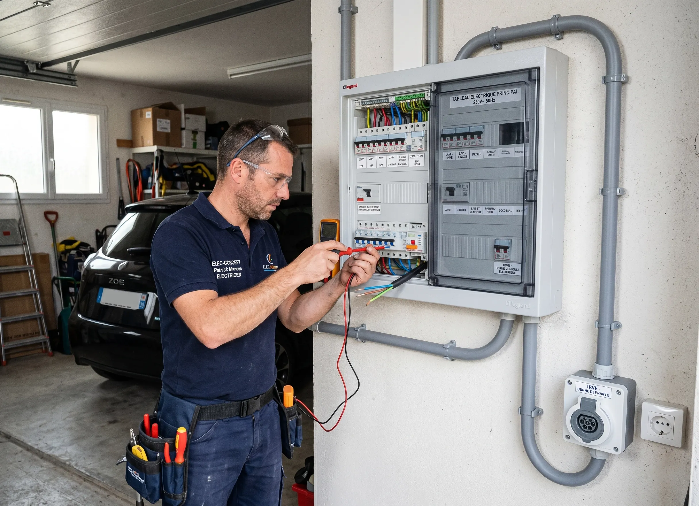 Tableau électrique relié à une prise renforcée pour recharge de voiture électrique