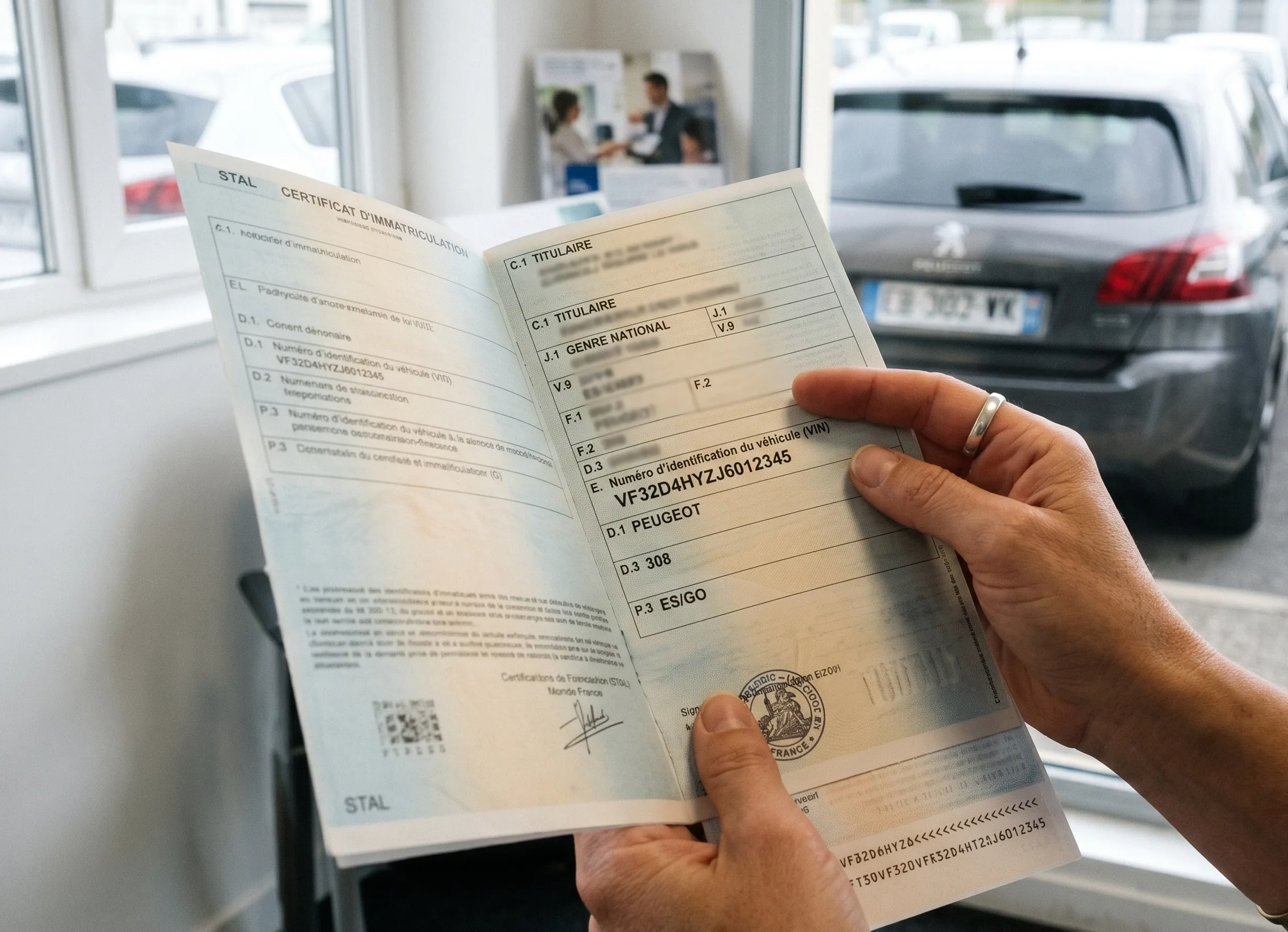 Carte grise française avec numéro VIN visible pour vérifier un rappel moteur Stellantis