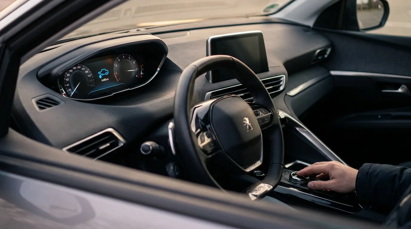 Intérieur d'un Peugeot 3008 avec un voyant AdBlue allumé sur le tableau de bord numérique.