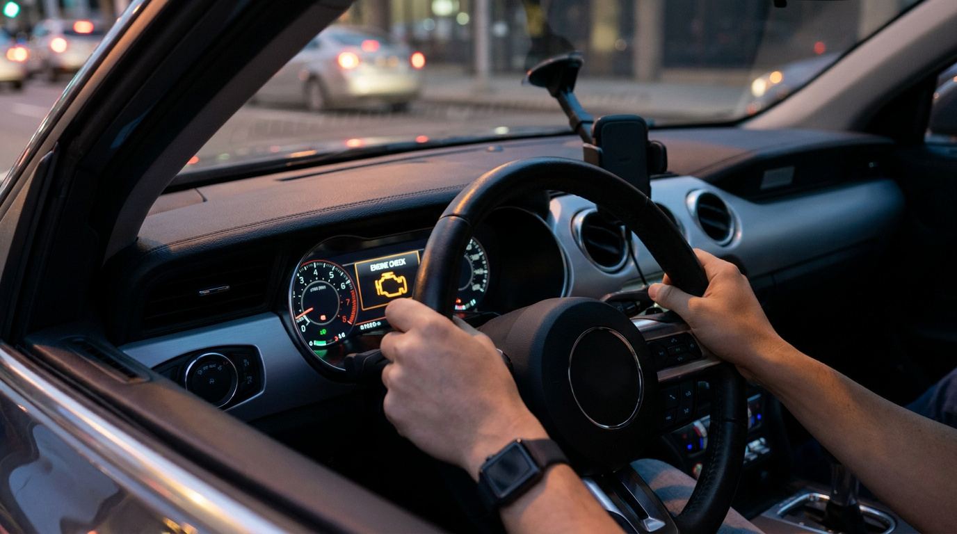Tableau de bord d'une voiture avec le voyant moteur orange allumé pendant la conduite.