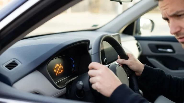 Conducteur inquiet regardant le voyant moteur allumé sur son tableau de bord de voiture.