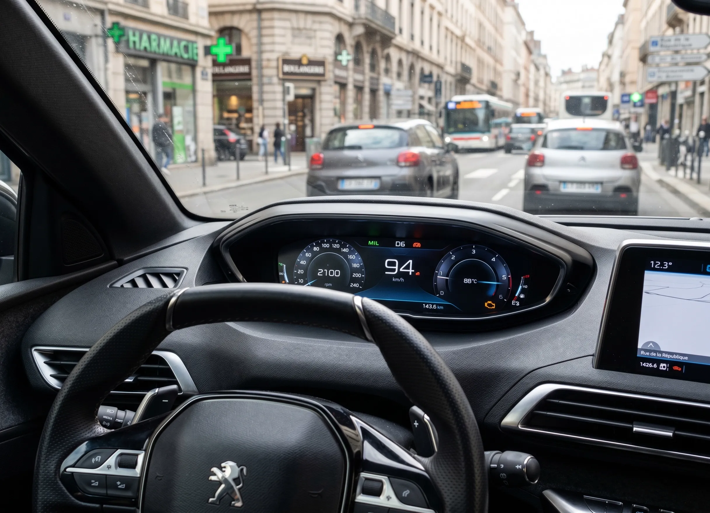 Voyant moteur orange allumé sur le tableau de bord d’une Peugeot moderne en circulation urbaine