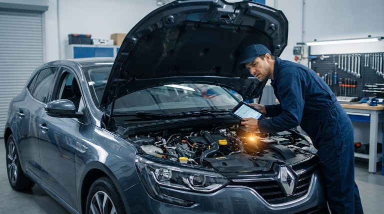 Un mécanicien utilisant une tablette pour diagnostiquer le moteur d'une Renault Megane avec le capot ouvert.