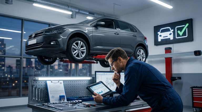 Un technicien examine des données sur une tablette dans un garage automobile avec une voiture sur un pont élévateur.