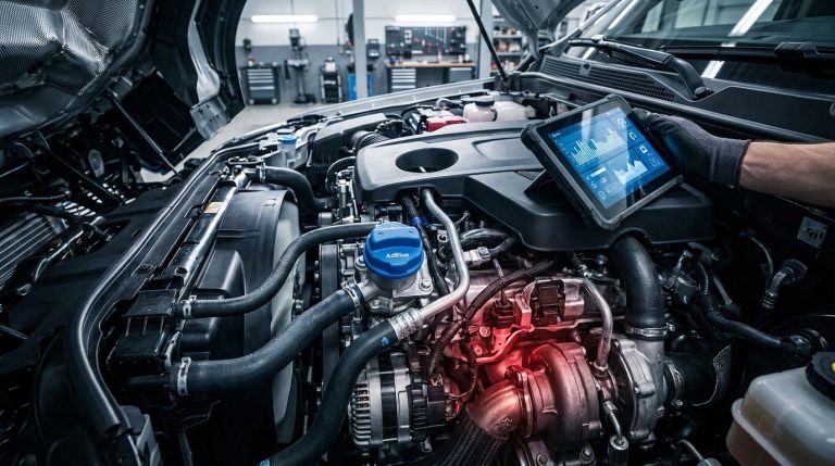 Un mécanicien utilise une tablette de diagnostic sur un moteur diesel avec un bouchon de réservoir AdBlue bleu bien visible.