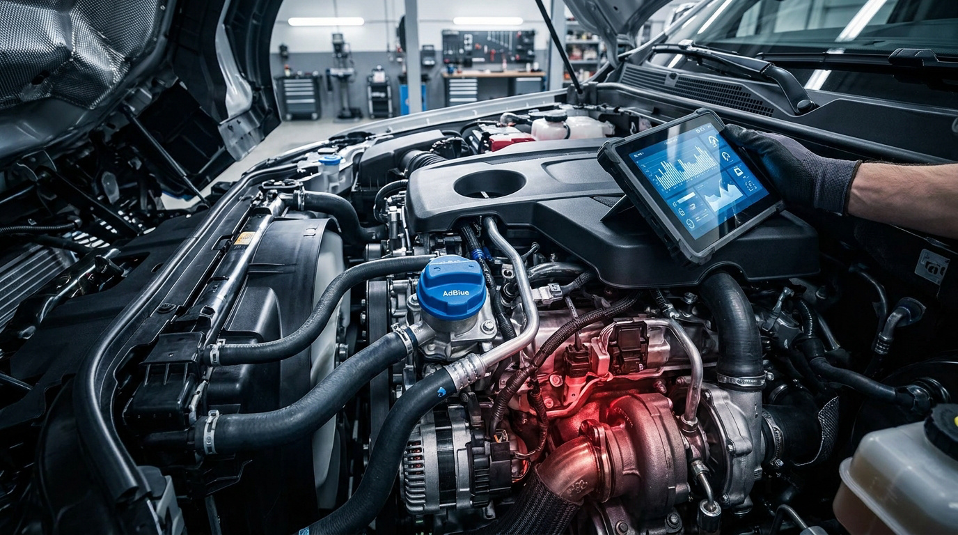 Un mécanicien utilise une tablette de diagnostic sur un moteur diesel avec un bouchon de réservoir AdBlue bleu bien visible.