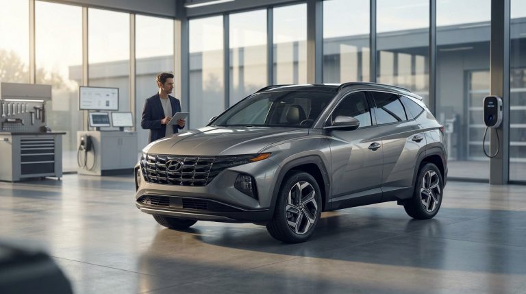 Un technicien examine un SUV Hyundai Tucson gris moderne dans un atelier de concession automobile lumineux.