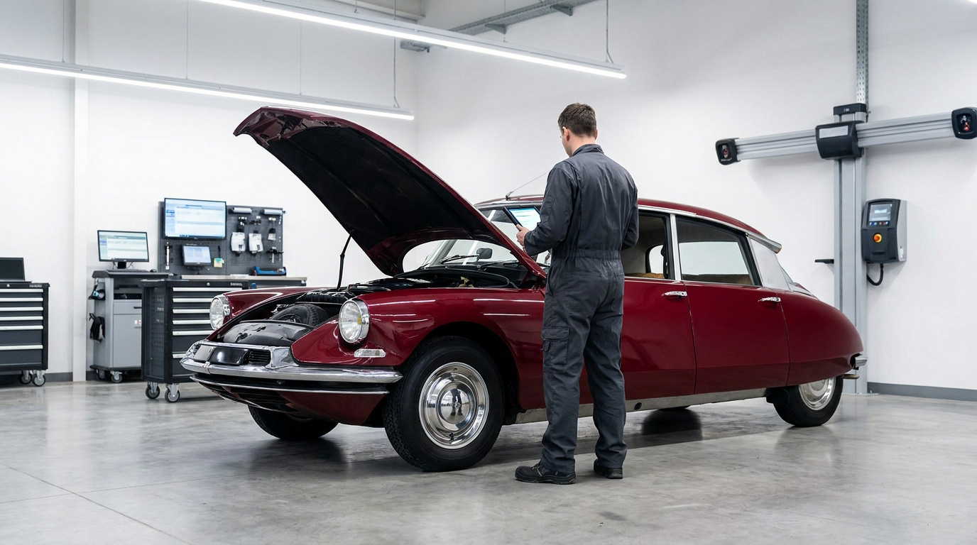 Un technicien inspecte une Citroën DS rouge dans un centre de contrôle technique moderne.