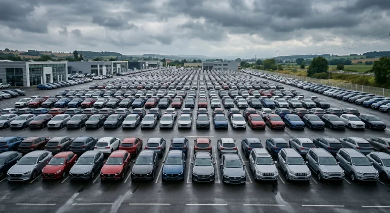 Parking de concession automobile rempli de véhicules neufs illustrant la tension du marché automobile en 2026