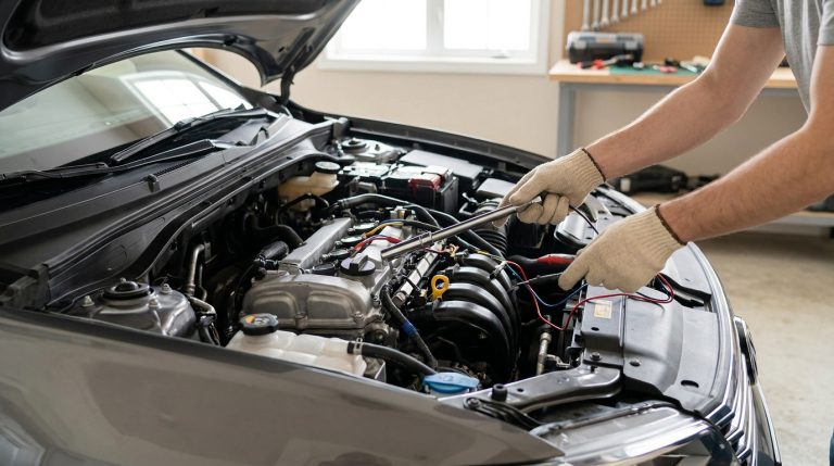 Un mécanicien portant des gants de protection vérifie le moteur d'une voiture grise avec le capot ouvert.